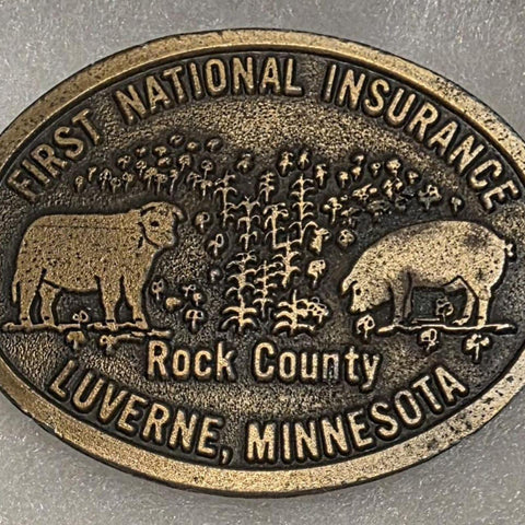Vintage Metal Belt Buckle, Brass, First National Insurance, Rock County, Luverne Minnesota, Nice Western Style Design