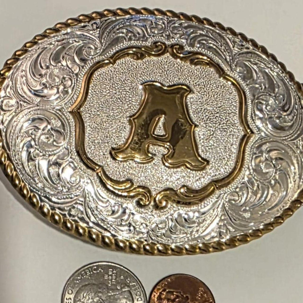 Vintage Metal Belt Buckle, Silver and Brass, Crumrine, Letter A, Initial A, Nice Western Style Design