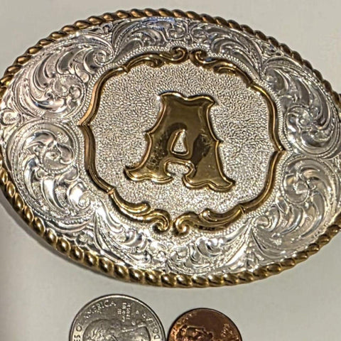 Vintage Metal Belt Buckle, Silver and Brass, Crumrine, Letter A, Initial A, Nice Western Style Design