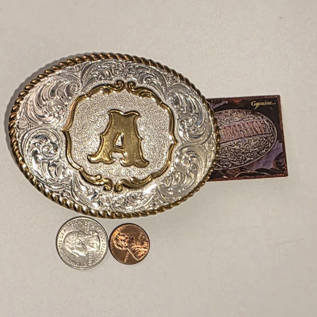 Vintage Metal Belt Buckle, Silver and Brass, Crumrine, Letter A, Initial A, Nice Western Style Design