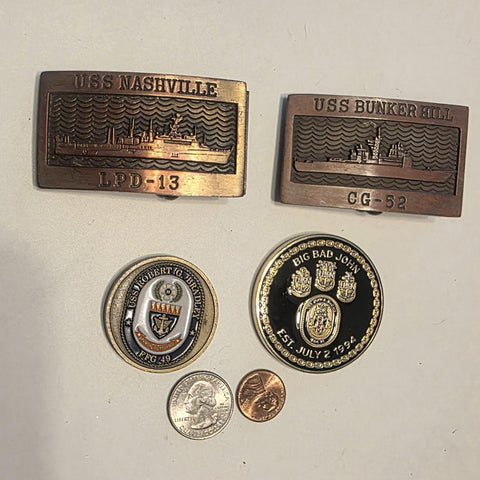 Vintage Lot of 2 Navy Military Belt Buckles, USS Nashville, USS Bunker Hill, and 2 Challenge Coins, USS Dwight G. Bradley