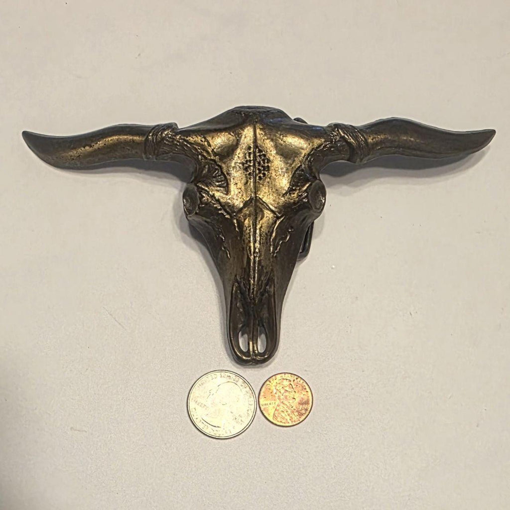 Vintage Metal Belt Buckle, Brass, Longhorn Bull Skull Head, Cattle, Livestock, Nice Western Design