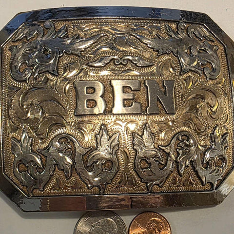 Vintage BEN Belt Buckle Oversized Western Cowboy Ornate Engraved Silver Gold Tone Monogram