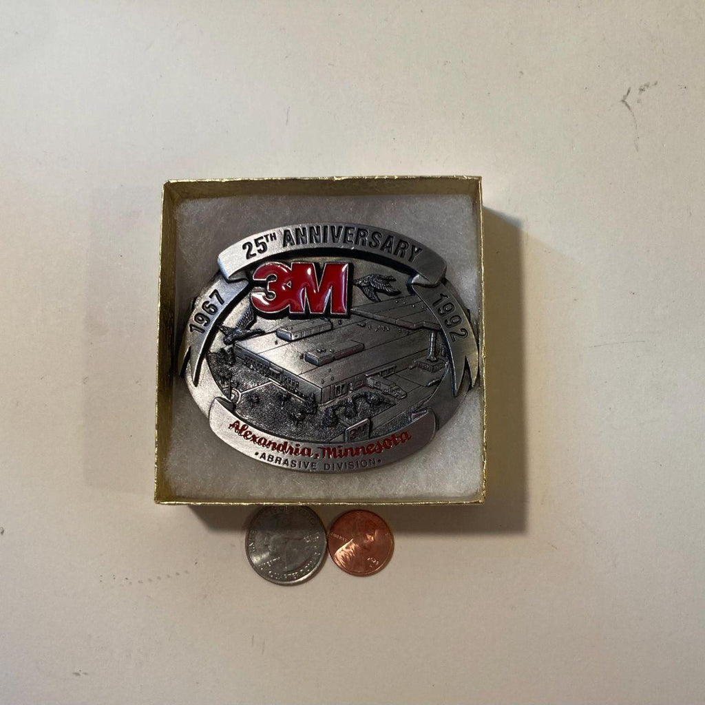 Vintage 1992 Metal Belt Buckle, 3M, Alexandria, Minnesota, Abrasive Division, Nice Western Design, 3 1/2" x 3", Heavy Duty, Quality