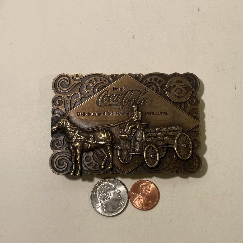Vintage 1975 Metal Belt Buckle, Brass, Coca Cola, Coke, Soda Pop, Horse, Nice Western Design, 3 3/4" x 2 3/4", Heavy Duty, Made in USA