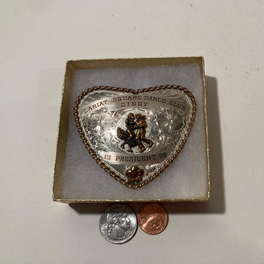 Vintage 1998 Metal Belt Buckle, Nice Silver and Brass, Red Stone, Heart Shape, Lariat Square Dance Club, Square Dancing, Cindy, President