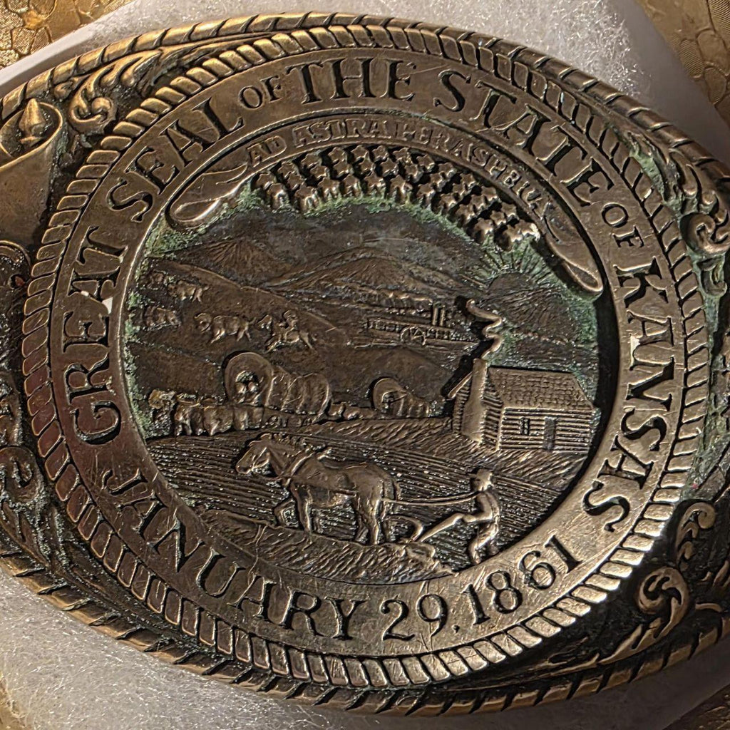 Vintage Metal Belt Buckle, Brass, Great Seal of The State of Kansas, Tony Lama, Nice Western Design, 3 3/4" x 2 3/4", Heavy Duty