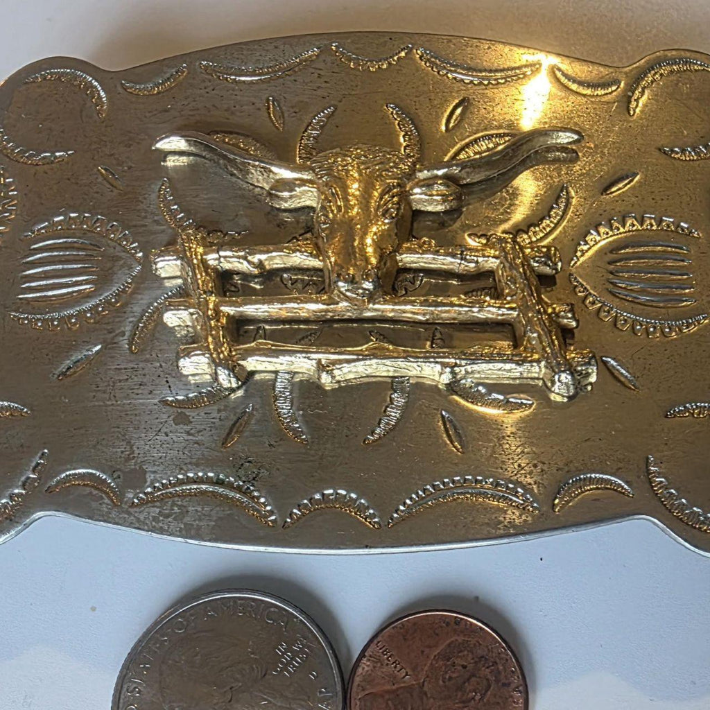 Vintage Metal Belt Buckle, Nice Nickel Silver and Brass, Longhorn Bull, Cow, Rodeo, Nice Western Design