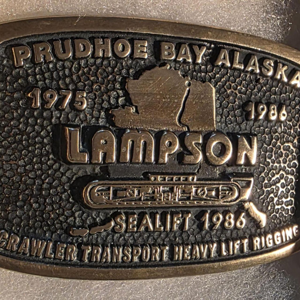 Vintage 1986 Metal Belt Buckle, Solid Brass, Prudhoe Bay, Alaska, Lampson, Sealift, Crawlers Transport Heavy Lift Rigging