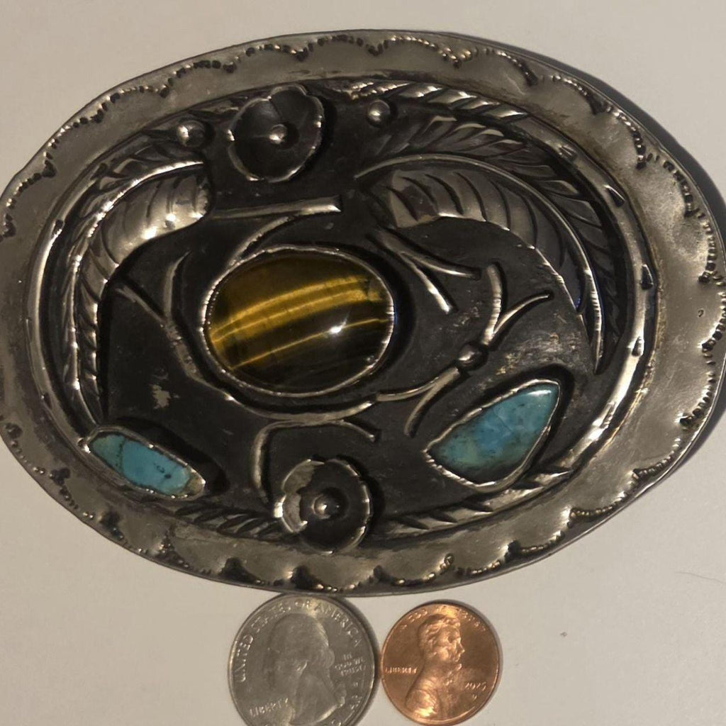Vintage Metal Belt Buckle, Silver and Turquoise, Feathers, Big Size, Nice Western Style Design