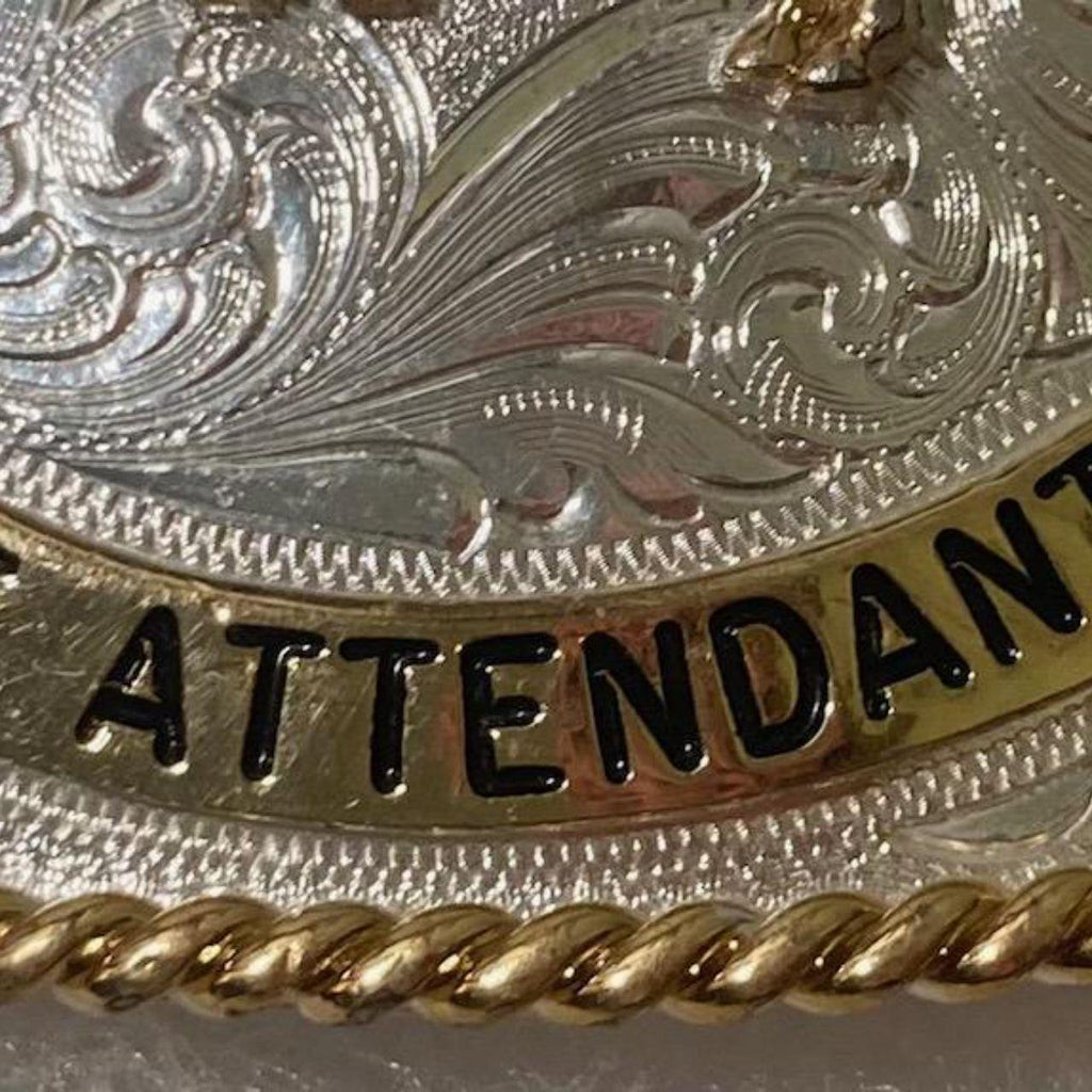 Vintage 2005 Metal Belt Buckle, IJRA Jr. Queen, 1st Attendant, Silver and Brass, Horse, Montana Silversmiths, Purple Stones, Nice Western Design