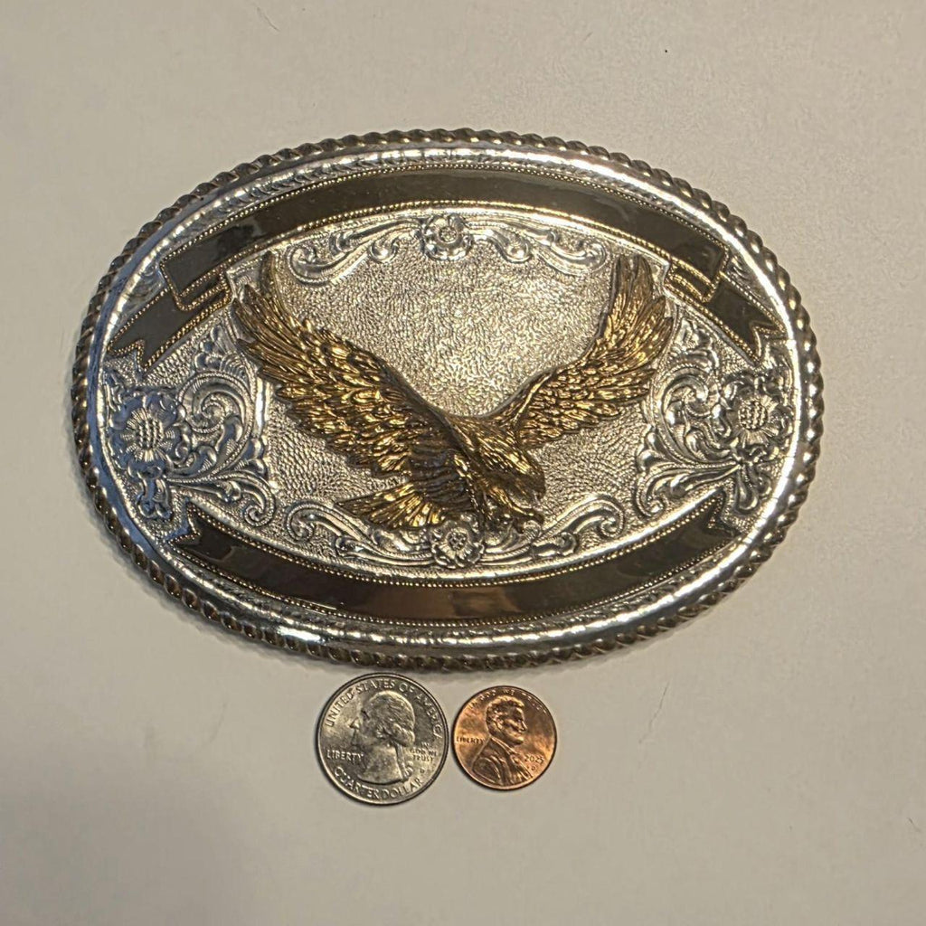 Vintage Metal Belt Buckle, American Bald Eagle, Bird, Big Size, Crumrine, Silver and Brass Color, Cowboy, Rodeo, Nice Western Style Design