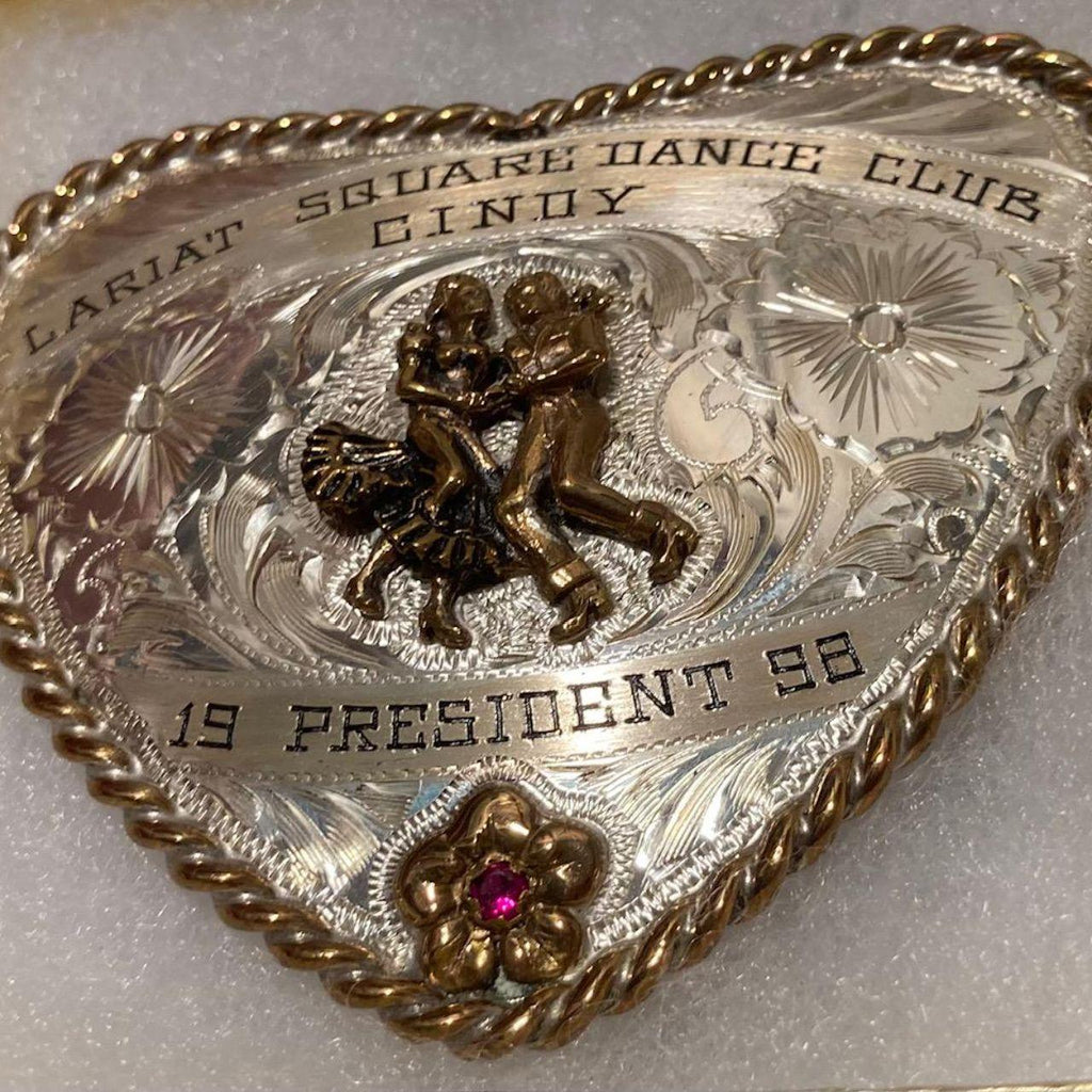 Vintage 1998 Metal Belt Buckle, Nice Silver and Brass, Red Stone, Heart Shape, Lariat Square Dance Club, Square Dancing, Cindy, President