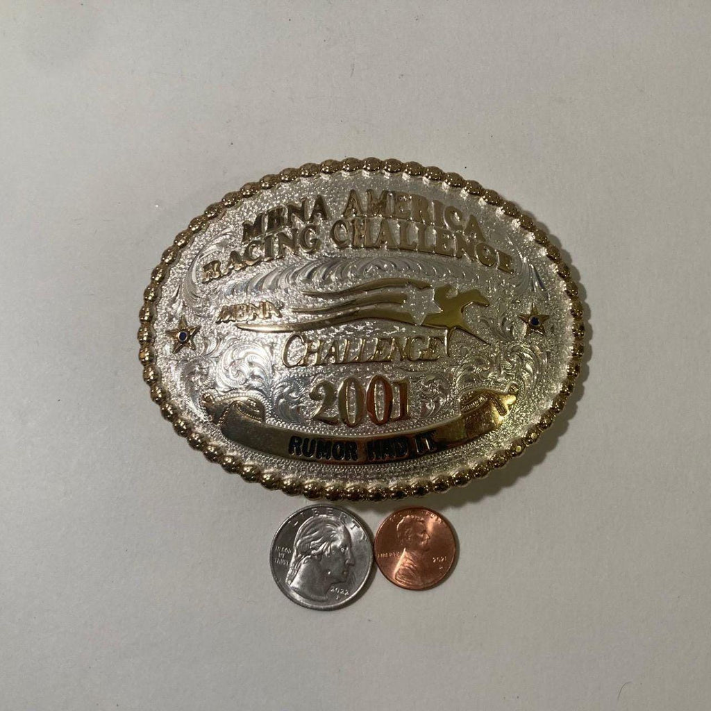 Vintage 2001 Metal Belt Buckle, Silver and Brass, Horse Racing, Montana Silversmiths, MBNA America Racing Challenge, Rumor Had It