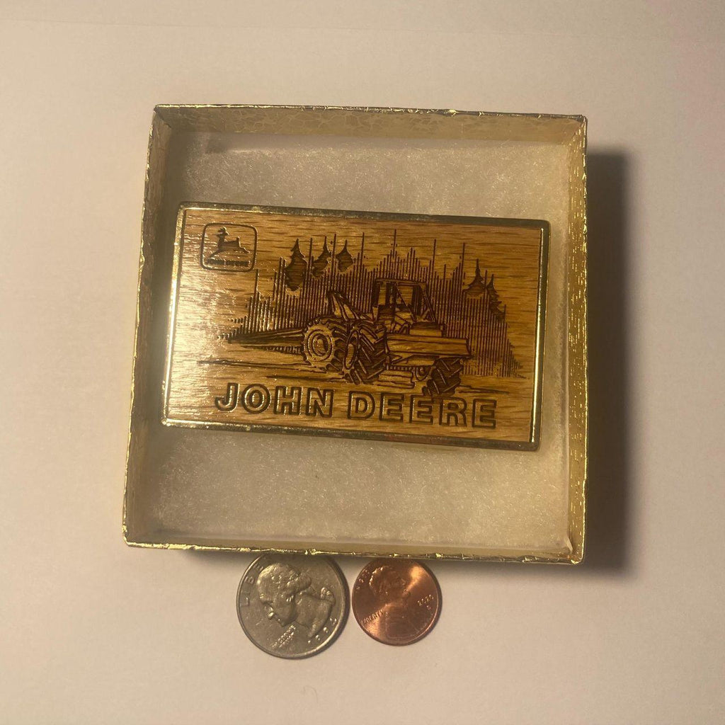 Vintage 1985 Metal Belt Buckle, Brass and Wood, John Deere, Tractor, Farming, Farmer, Log Steer, Logging, AG, Heavy Duty, Quality