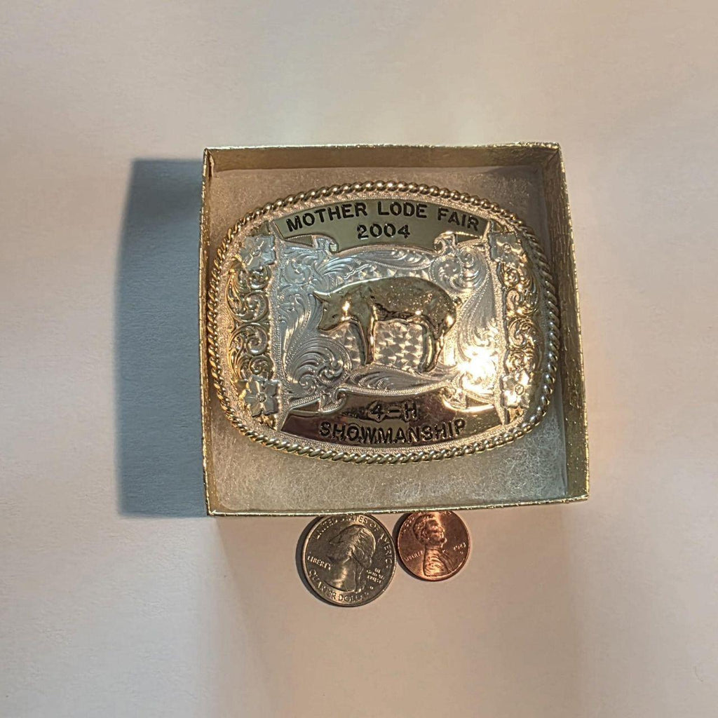 Vintage 2004 Metal Belt Buckle, Silver and Brass, Mother Lode Fair, 4-H Showmanship, Hog, Sow, Pig, Montana Silversmiths