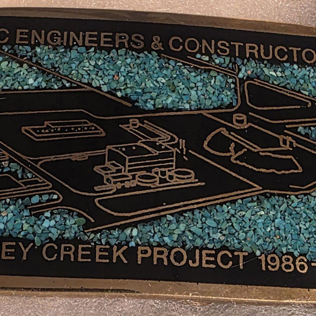 Vintage 1987 Metal Belt Buckle, Solid Brass, Blue Crushed Turquoise Stones, DMC Engineers & Constructors, Chimney Creek Project