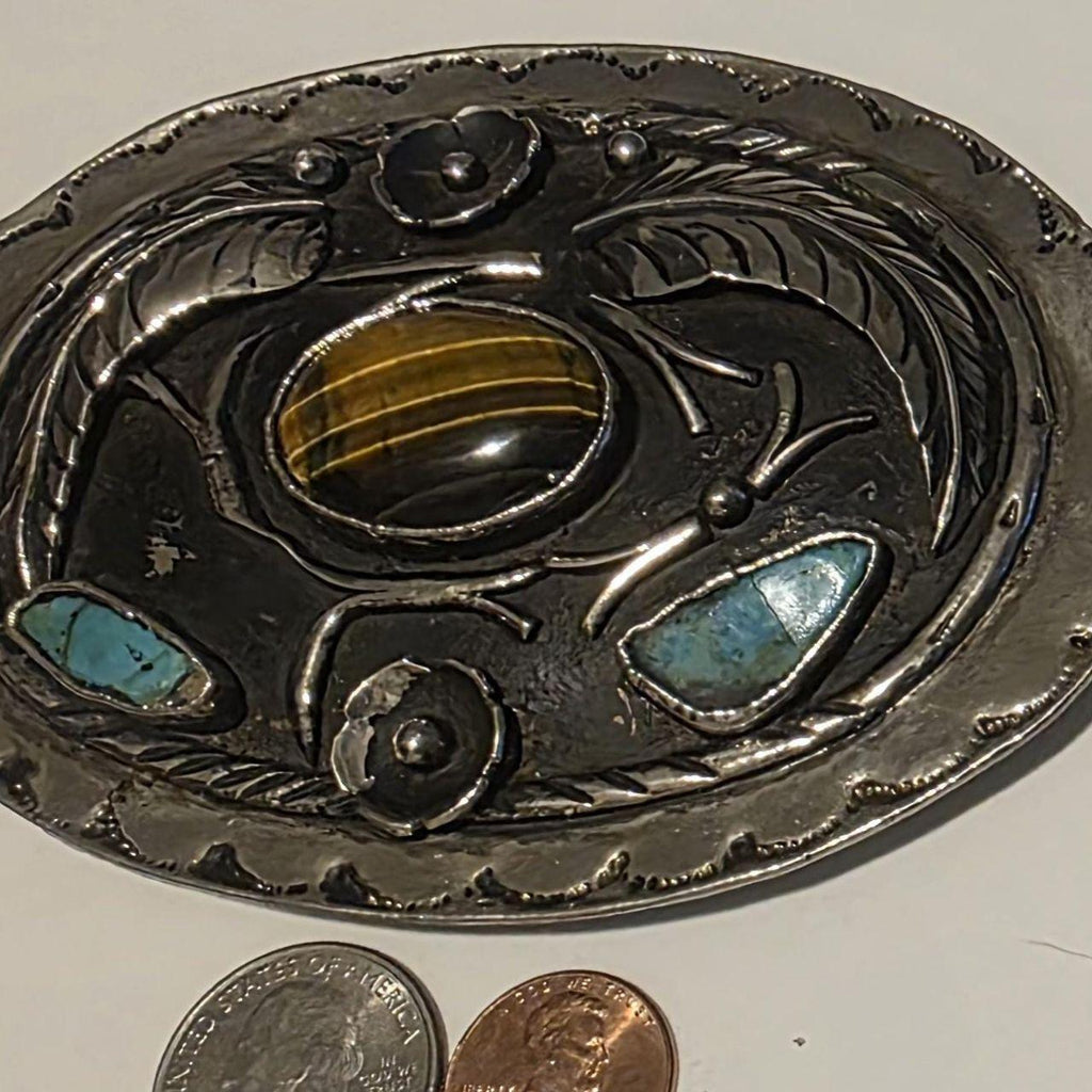 Vintage Metal Belt Buckle, Silver and Turquoise, Feathers, Big Size, Nice Western Style Design