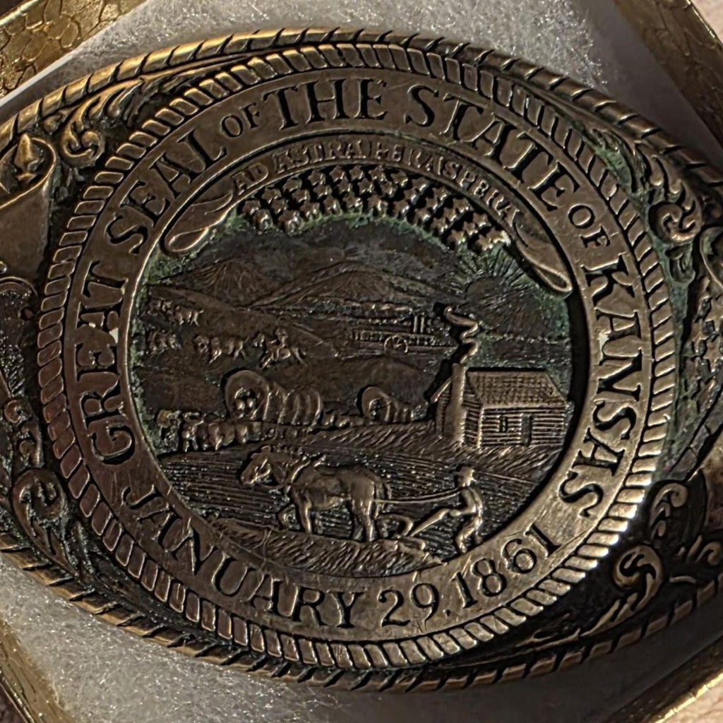 Vintage Metal Belt Buckle, Brass, Great Seal of The State of Kansas, Tony Lama, Nice Western Design, 3 3/4" x 2 3/4", Heavy Duty