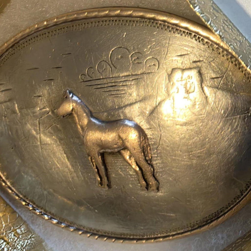 Vintage Metal Belt Buckle,  German Silver and Brass, Horse, Pony, Irvine & Jachens, Does Have A Dent, Can Be Pounded Out or Left