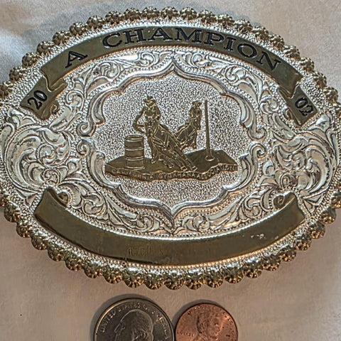 Vintage 2002 Metal Belt Buckle, Brass and Silver, A Champion, Horse, Barrel Racing, Paint, Nice Western Design
