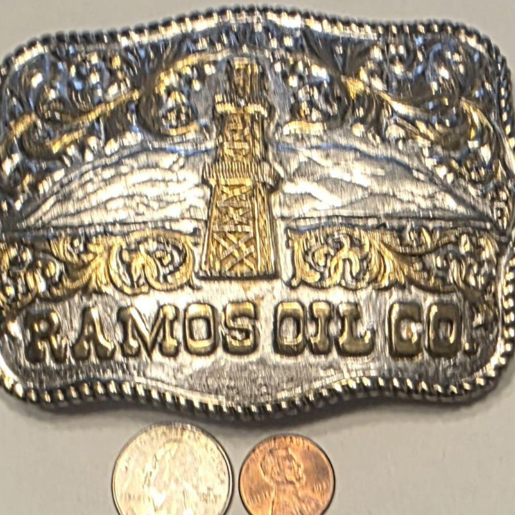 Vintage Metal Belt Buckle, Silver and Brass, Ramos Oil Co., Petroleum, Derrick, Well, Energy, Bulk Fuel, Crumrine, Nice Western Design