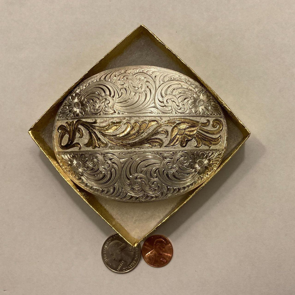 Vintage Metal Belt Buckle, Silver and Brass, Angie and BJ, 2 of Hearts Forever, Montana Silversmiths, Nice Western Design, 4" x 3"