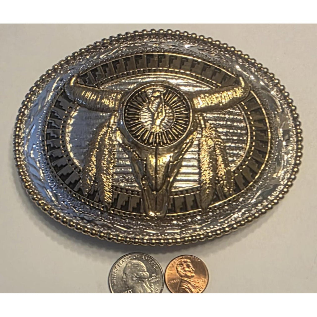 Vintage Metal Belt Buckle, Bull Skull, Big Size, Silversmith Collection, Silver and Brass, Cowboy, Rodeo, Nice Western Style Design