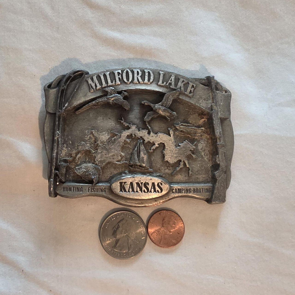 Vintage 1987 Metal Belt Buckle, Milford Lake, Kansas, Nice Western Design