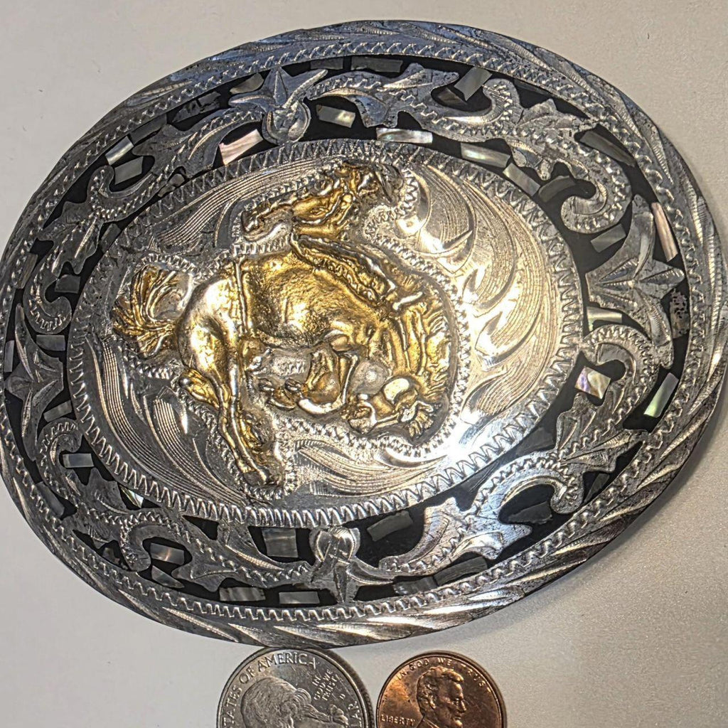 Vintage Metal Belt Buckle, Bronco Busting, Abalone Shell, Silver and Brass, Nice Western Style Design
