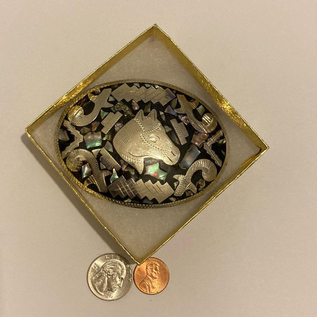 Vintage Metal Belt Buckle, Alpaca Silver and Abalone Design, Nice Horse Head, Nice Design, 3 3/4" x 2 3/4", Heavy Duty, Quality