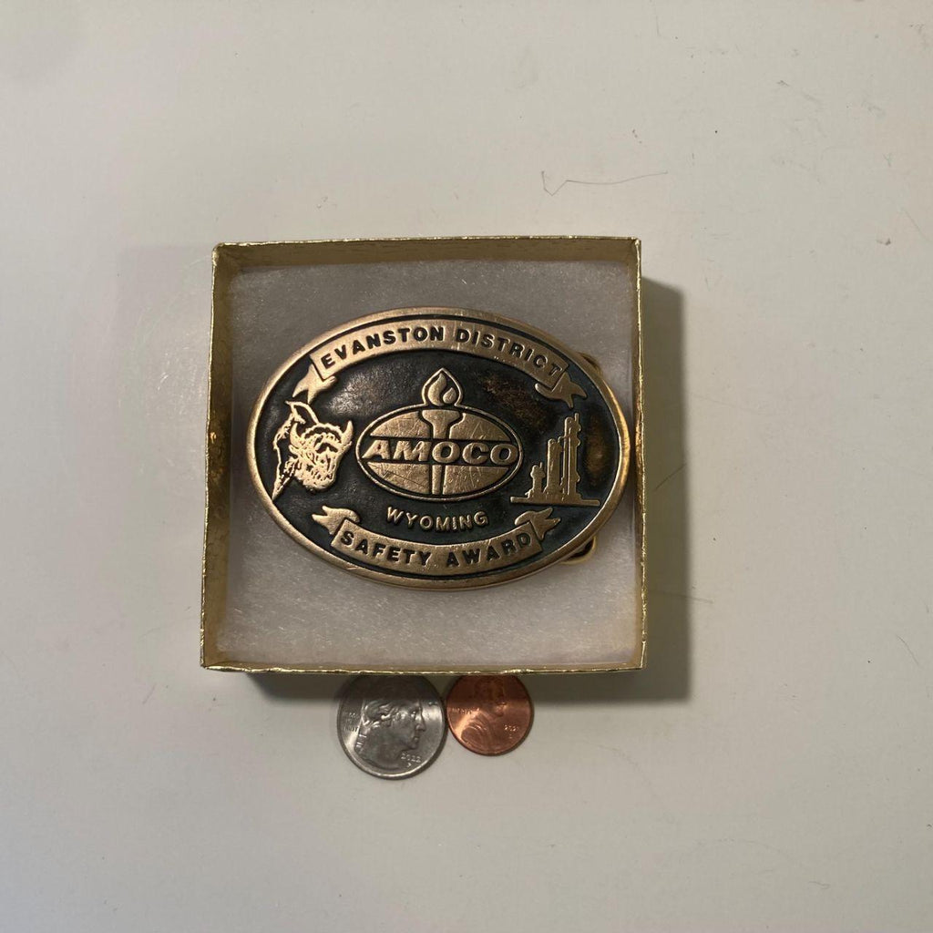 Vintage 1987 Metal Belt Buckle, Brass, Amoco, Wyoming, Evanston District, Petroleum, Gas, Energy, Oil, Nice Design, 3 1/4" x 2 1/2"