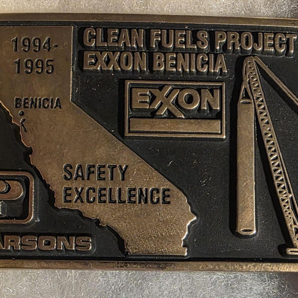 Vintage 1995 Metal Belt Buckle, Brass, Exxon, Clean Fuels Project, Benicia, Parsons, Drilling, Gas, Fuel, Energy