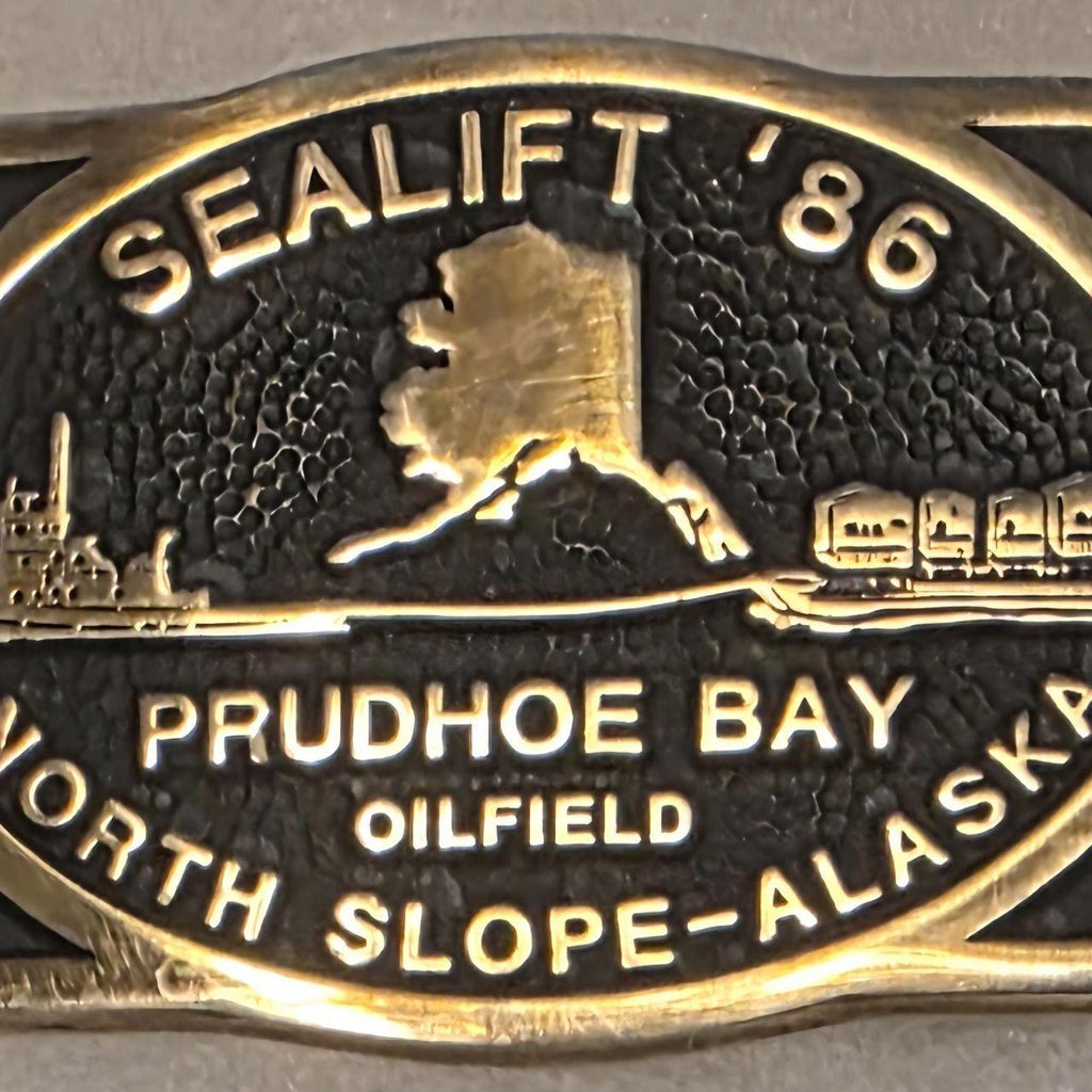 Vintage 1986 Metal Belt Buckle, Brass, Sealift 86', Prudhoe Bay, Alaska, Oilfield, North Slope, Nice Western Design