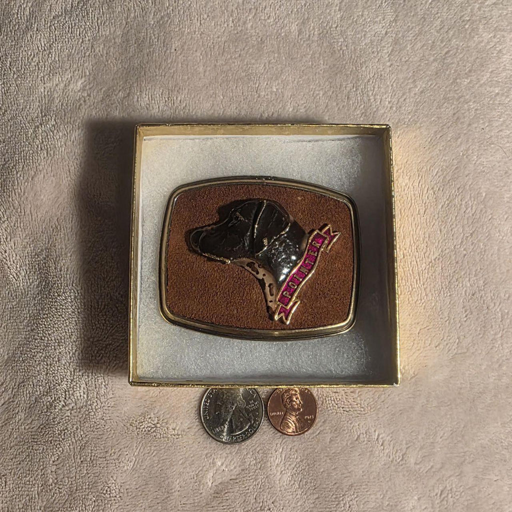 Vintage Metal Belt Buckle, Leather and Brass, Pointer Dog, Puppy, Canine, Nice Western Style Design