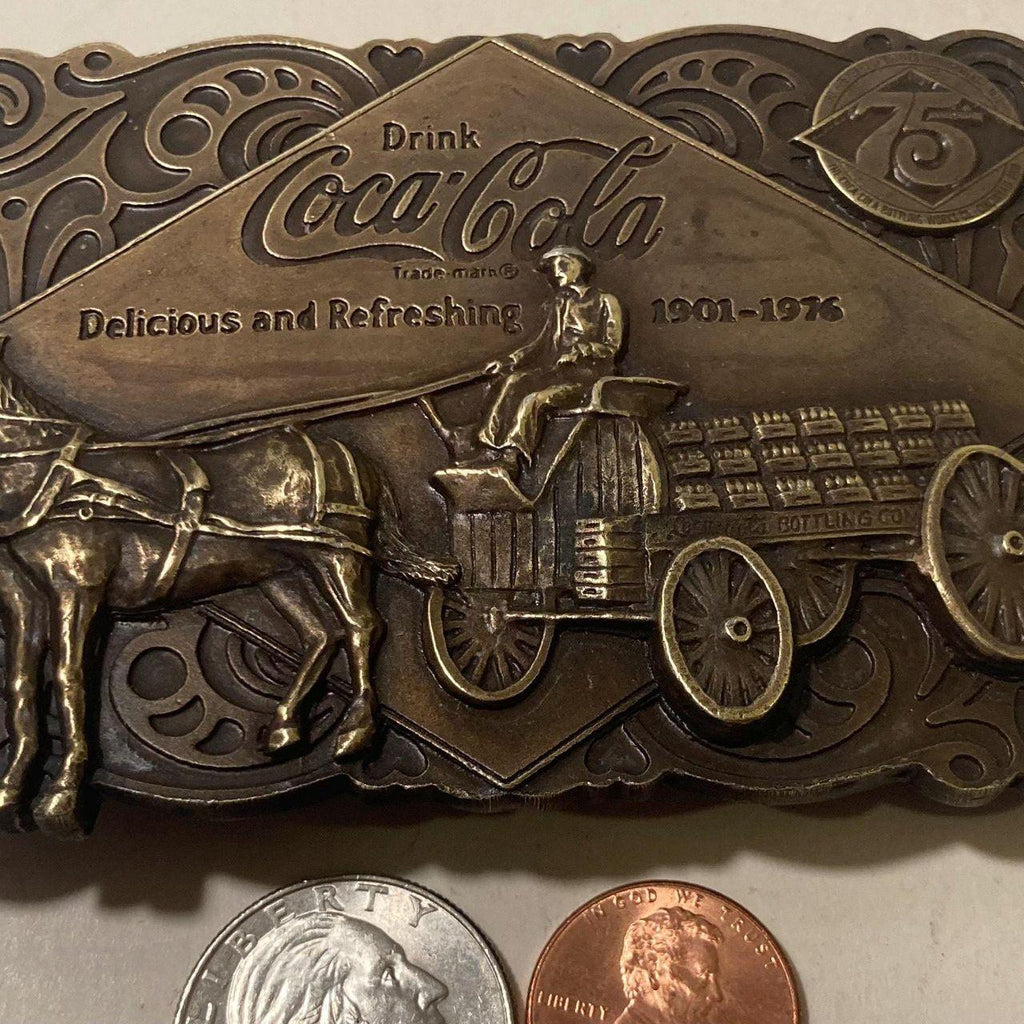 Vintage 1975 Metal Belt Buckle, Brass, Coca Cola, Coke, Soda Pop, Horse, Nice Western Design, 3 3/4" x 2 3/4", Heavy Duty, Made in USA