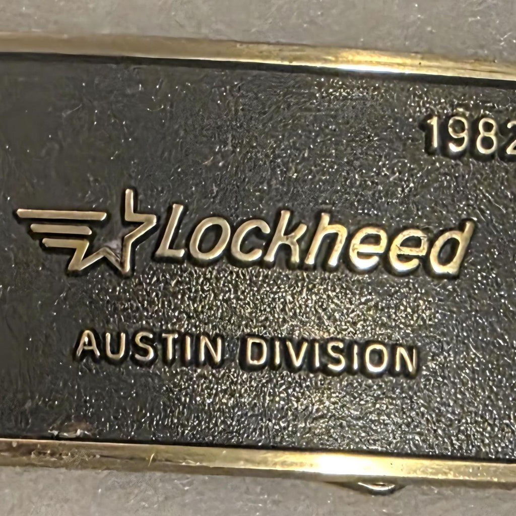 Vintage 1982 Metal Belt Buckle, Brass, Lockheed, Austin Division, Military, Nice Western Style Design