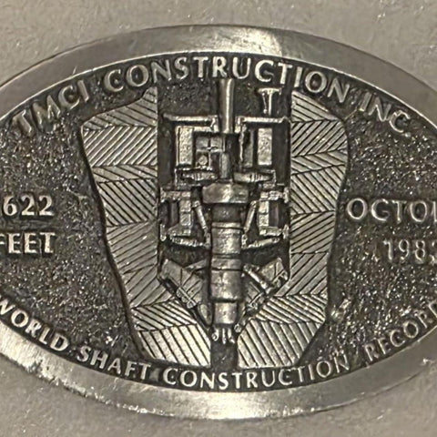 Vintage 1982 Metal Belt Buckle, TMCI Construction Inc, World Shaft Construction Record, Drilling, Construction, Nice Western Style Design