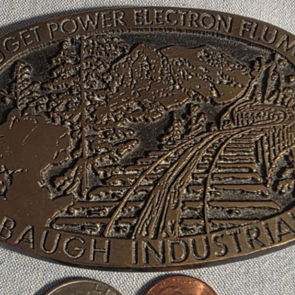 Vintage 1985 Metal Belt Buckle, Brass, Puget Power Electron Flume, Baugh Industrial