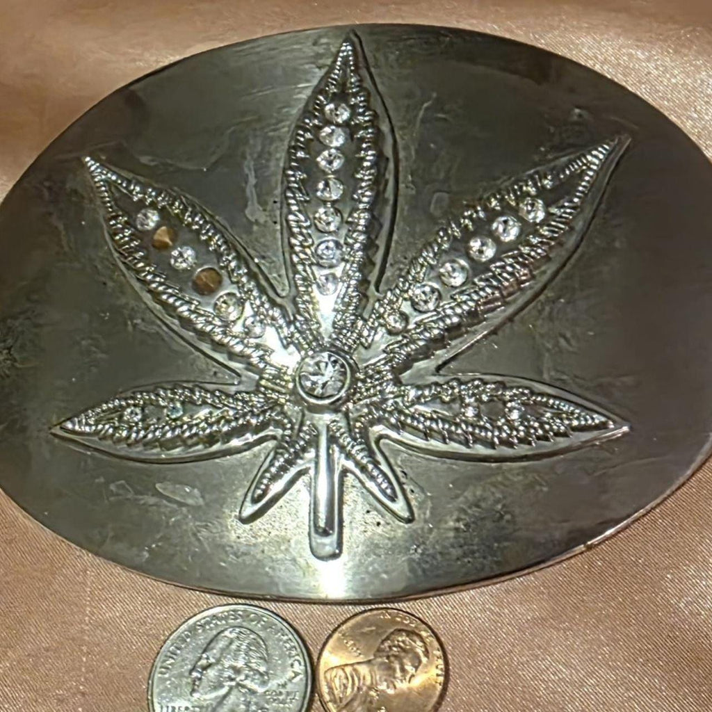 Vintage Metal Belt Buckle, Big Size, Leaf, MJ, Nature, Some Missing Stones, Nice Western Design, 5" x 4", Heavy Duty, Quality