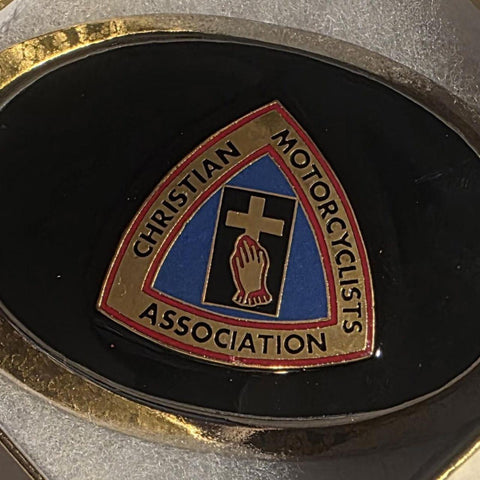 Vintage Metal Belt Buckle, Silver and Black Enamel, Christian Motorcyclists Association