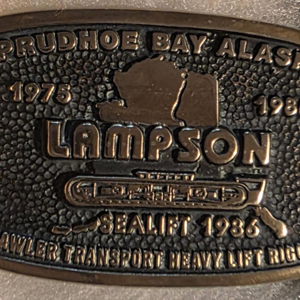 Vintage 1986 Metal Belt Buckle, Solid Brass, Prudhoe Bay, Alaska, Lampson, Sealift, Crawlers Transport Heavy Lift Rigging