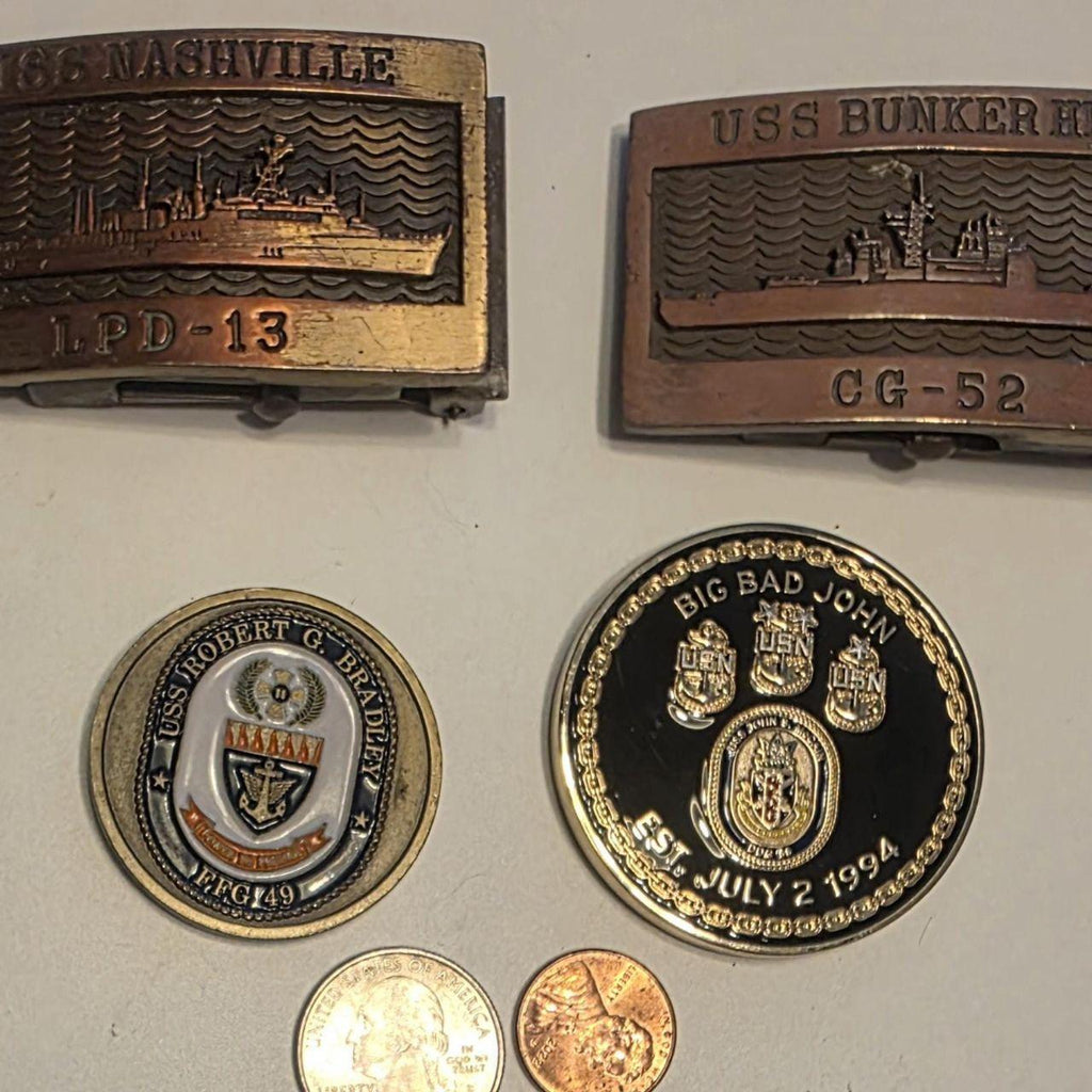 Vintage Lot of 2 Navy Military Belt Buckles, USS Nashville, USS Bunker Hill, and 2 Challenge Coins, USS Dwight G. Bradley