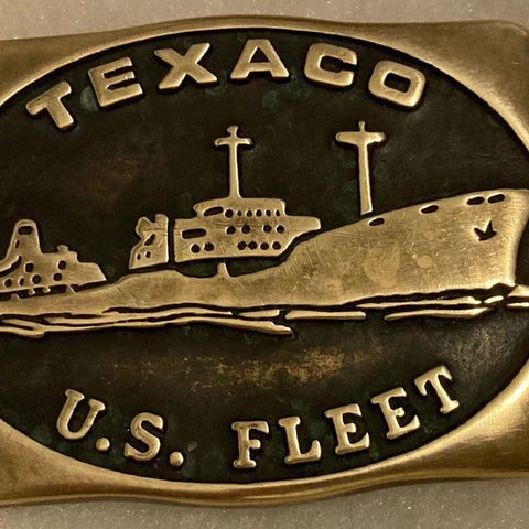 Vintage 1983 Metal Belt Buckle, Brass, Texaco, U.S. Fleet, Shipping, Oil, Petroleum, Energy Oiler, Nice Design, 3" x 2 1/4", Heavy Duty