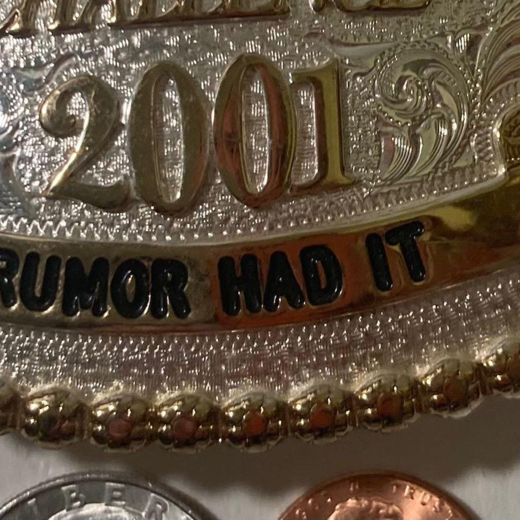 Vintage 2001 Metal Belt Buckle, Silver and Brass, Horse Racing, Montana Silversmiths, MBNA America Racing Challenge, Rumor Had It
