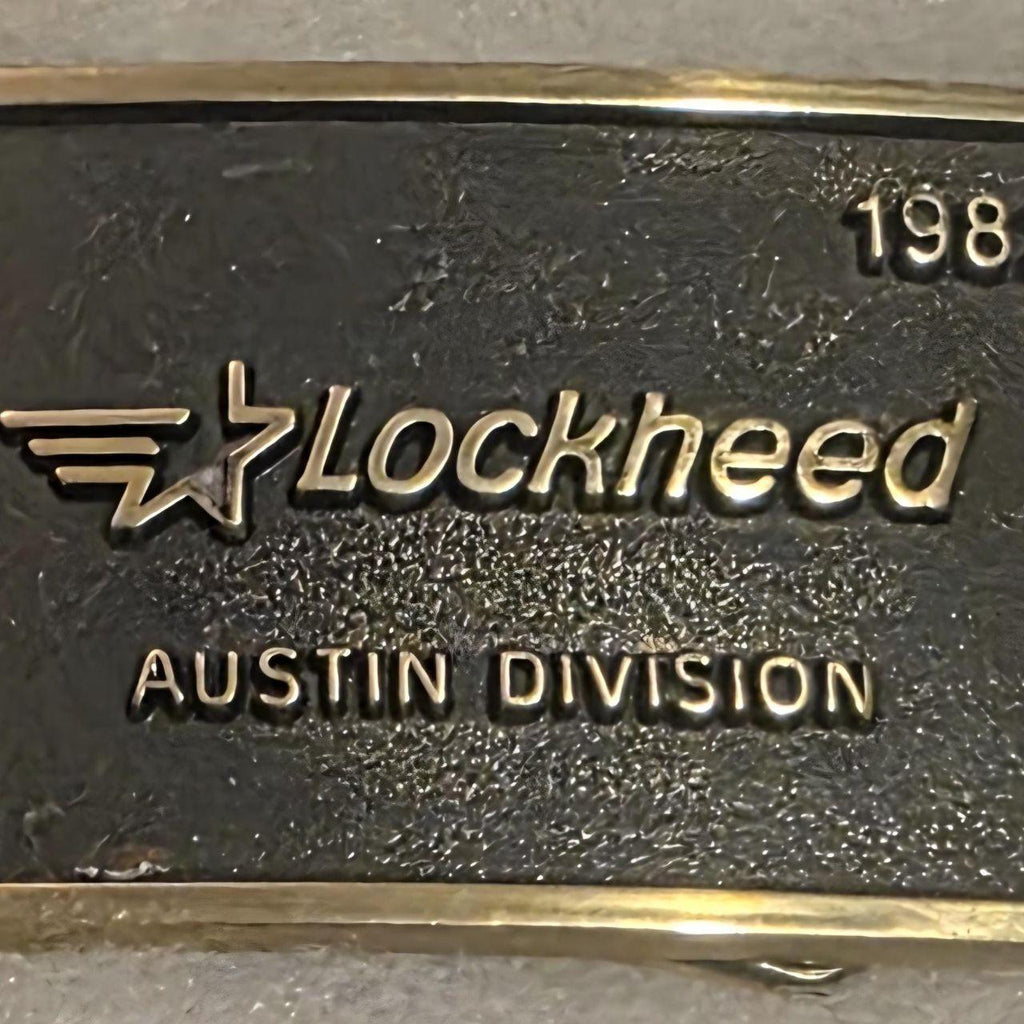 Vintage 1982 Metal Belt Buckle, Brass, Lockheed, Austin Division, Military, Nice Western Style Design