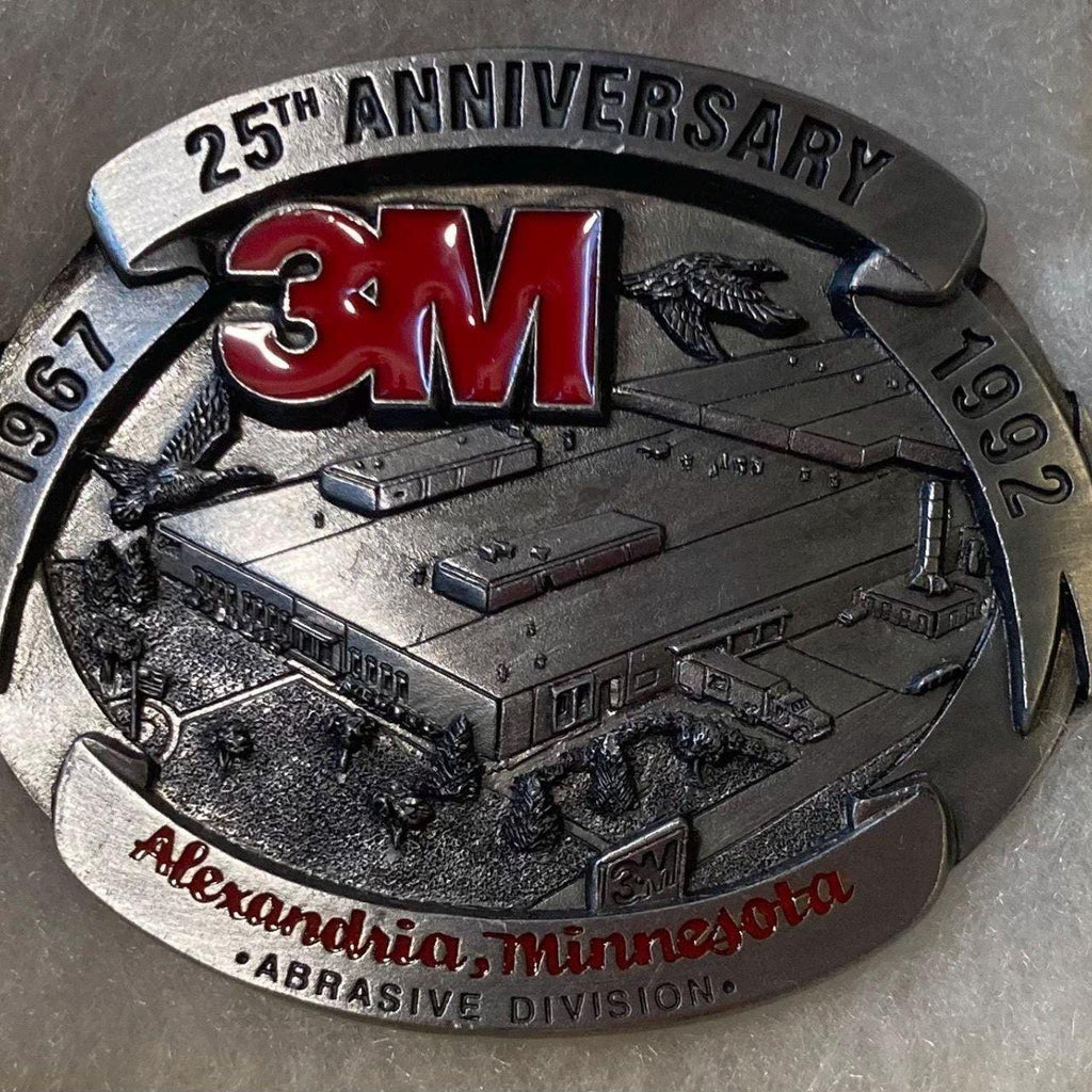 Vintage 1992 Metal Belt Buckle, 3M, Alexandria, Minnesota, Abrasive Division, Nice Western Design, 3 1/2" x 3", Heavy Duty, Quality