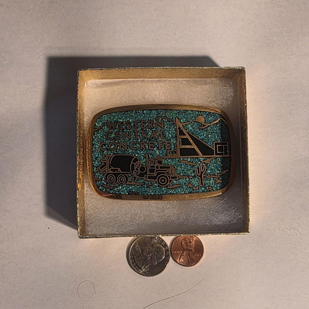 Vintage Metal Belt Buckle, Solid Brass, Blue Crushed Turquoise Stones, Western Central Concrete, Cement
