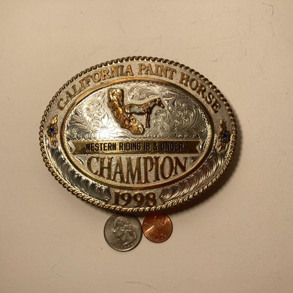 Vintage 1998 Metal Belt Buckle, California Paint Horse Champion, Western Riding 18 & Under, Big Size, Trophy, Nice Blue Stones, Nice Design