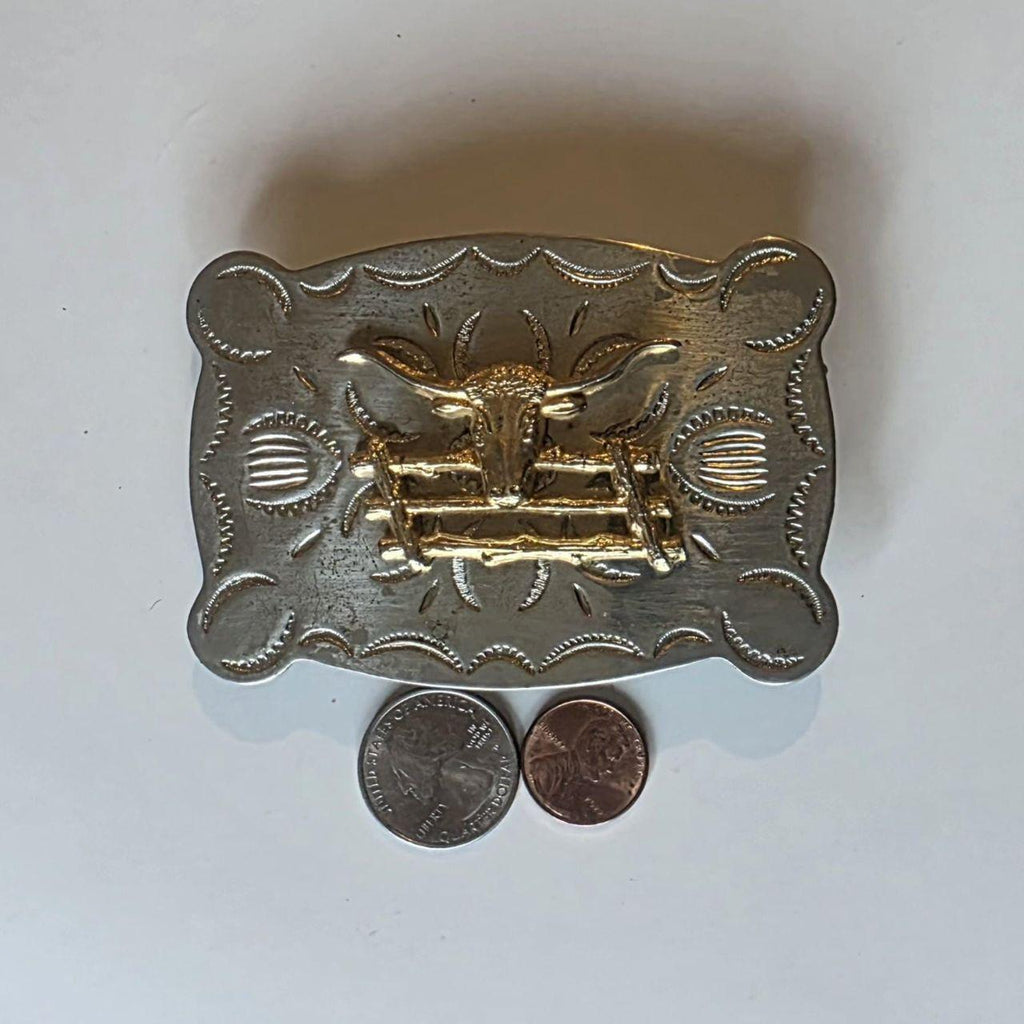 Vintage Metal Belt Buckle, Nice Nickel Silver and Brass, Longhorn Bull, Cow, Rodeo, Nice Western Design